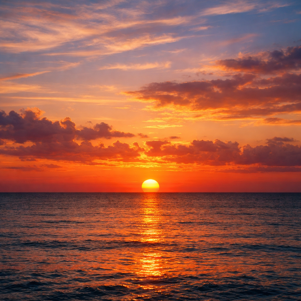 Sunset over ocean with orange and purple clouds